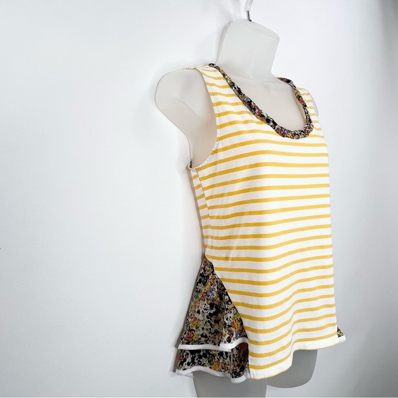Anthropologie  Postmate Sleeveless Yellow White Stripe Floral Trim Sz Small Tank - Picture 2 of 10
